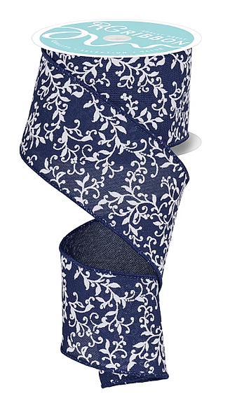 a blue and white floral patterned ribbon.