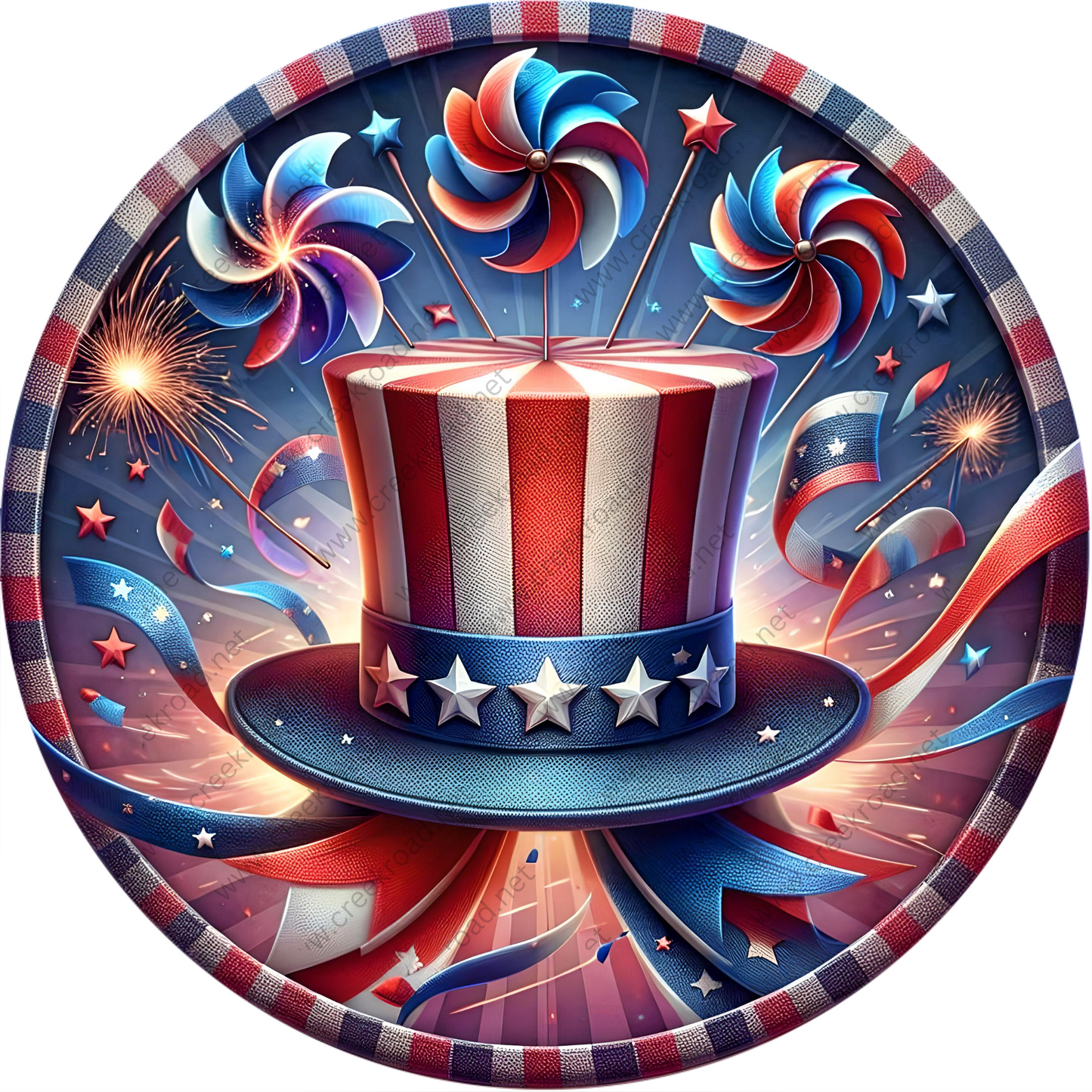 a red, white, and blue hat with stars and fireworks