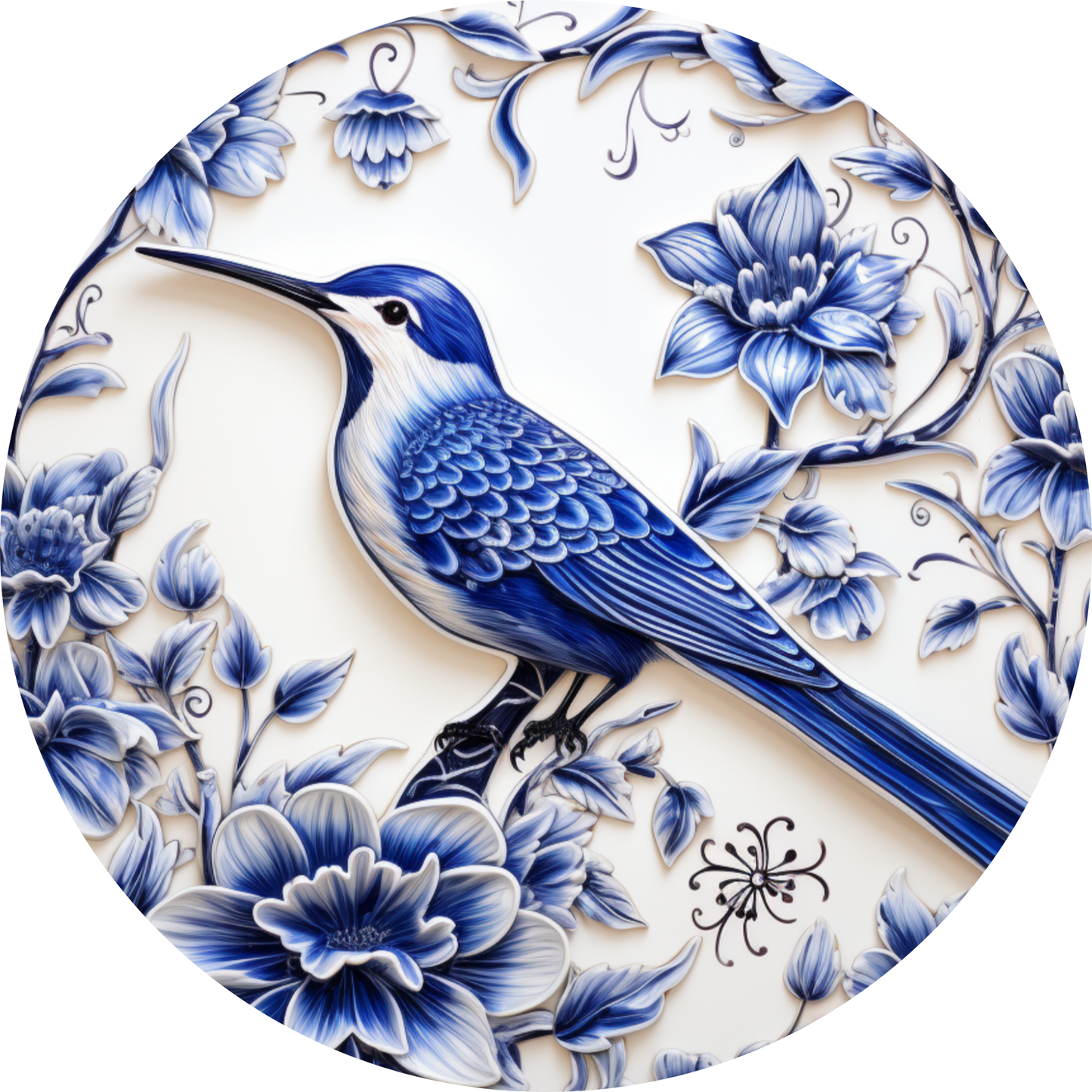 a blue and white plate with a bird on it