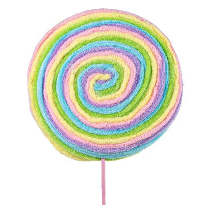 a colorful lollipop on a stick on a white background