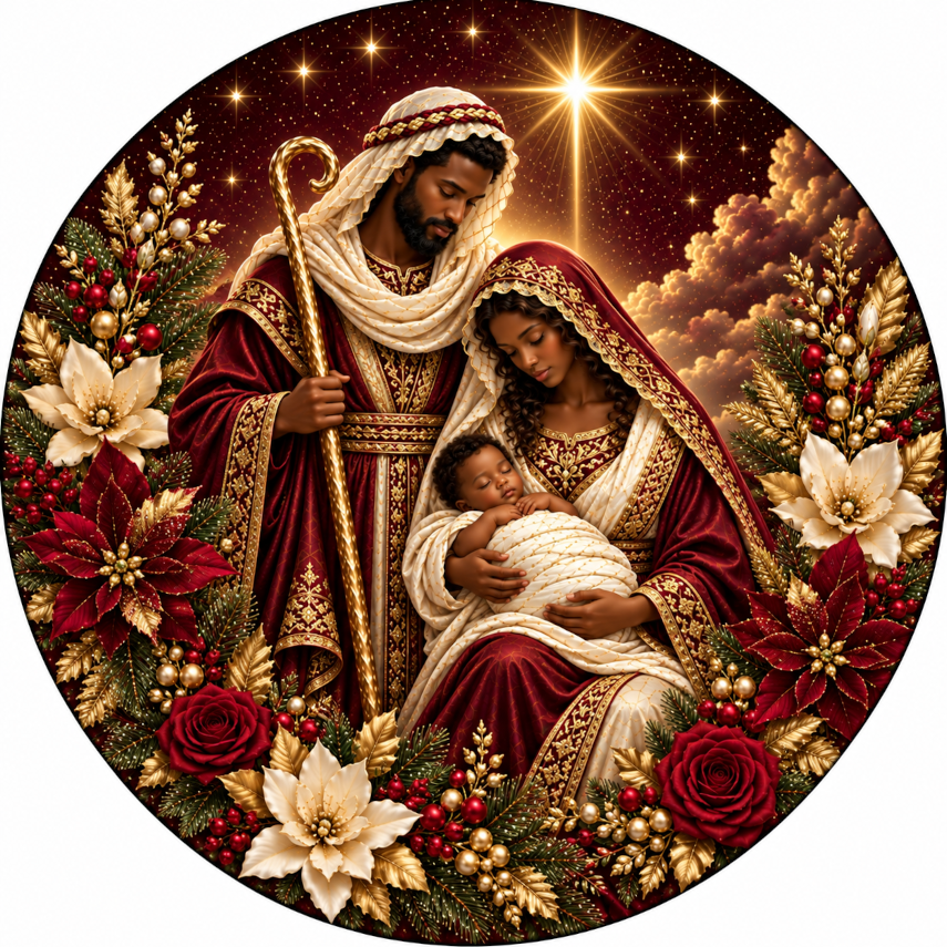 a religious scene with a nativity scene, featuring a man, a woman, and a baby. The man is holding a staff, the woman is holding a baby, and they are all surrounded by flowers and greenery. The background is a starry night sky, and there is a bright star shining in the sky.