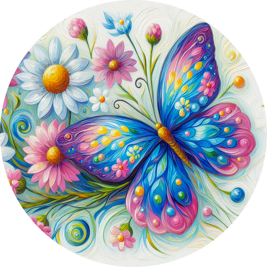 a painting of a blue butterfly and flowers