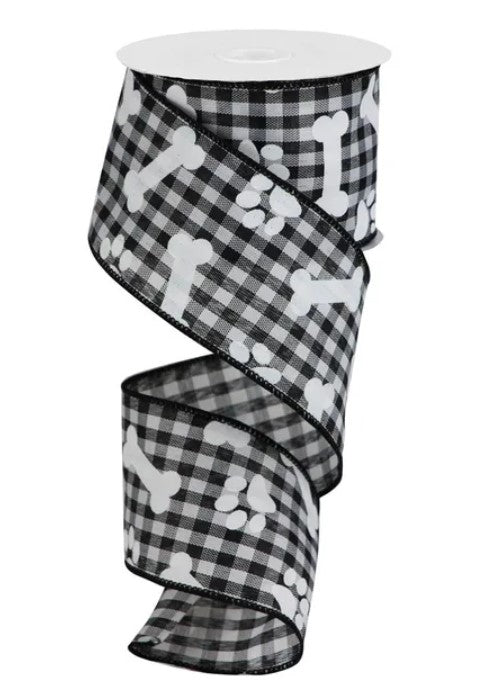 A black and white checkered ribbon with white dog bones printed on it.