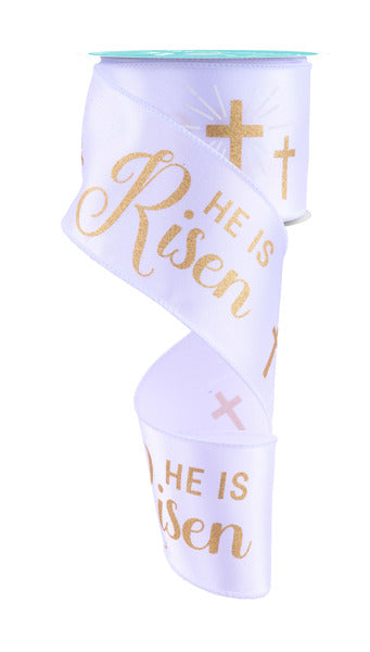 a white ribbon with gold lettering on it