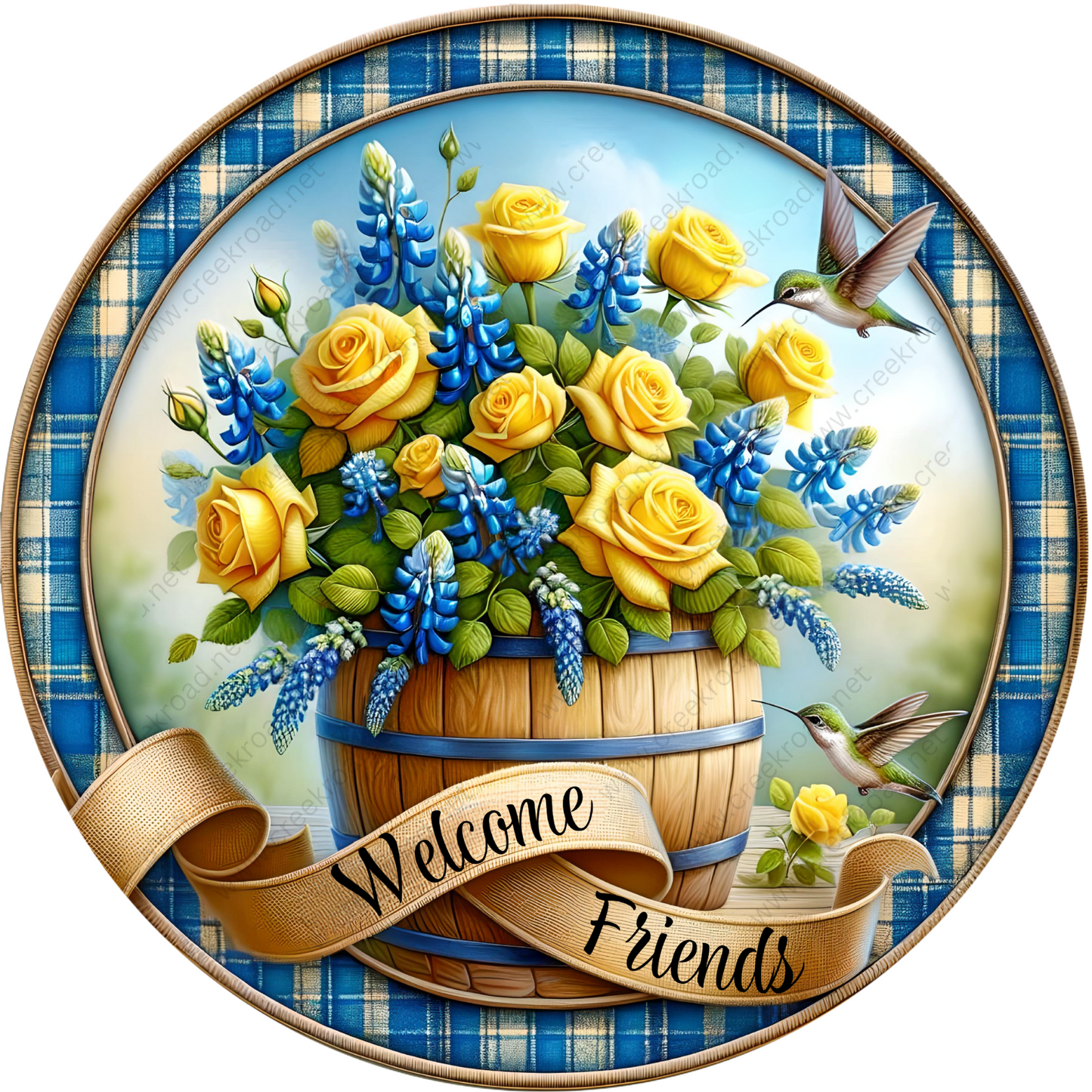 a painting of a basket of yellow roses and blue flowers