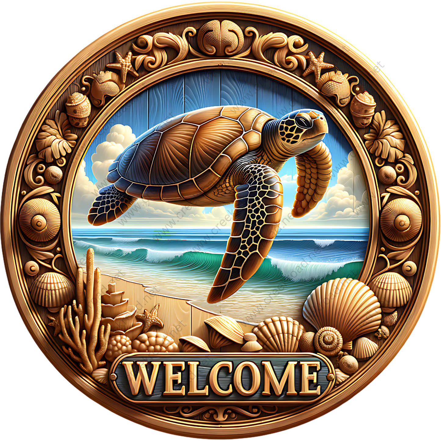 a picture of a sea turtle with a welcome sign