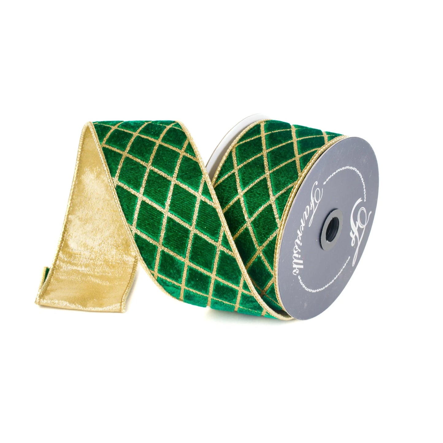 A roll of green and gold checkered ribbon is shown against a white background.