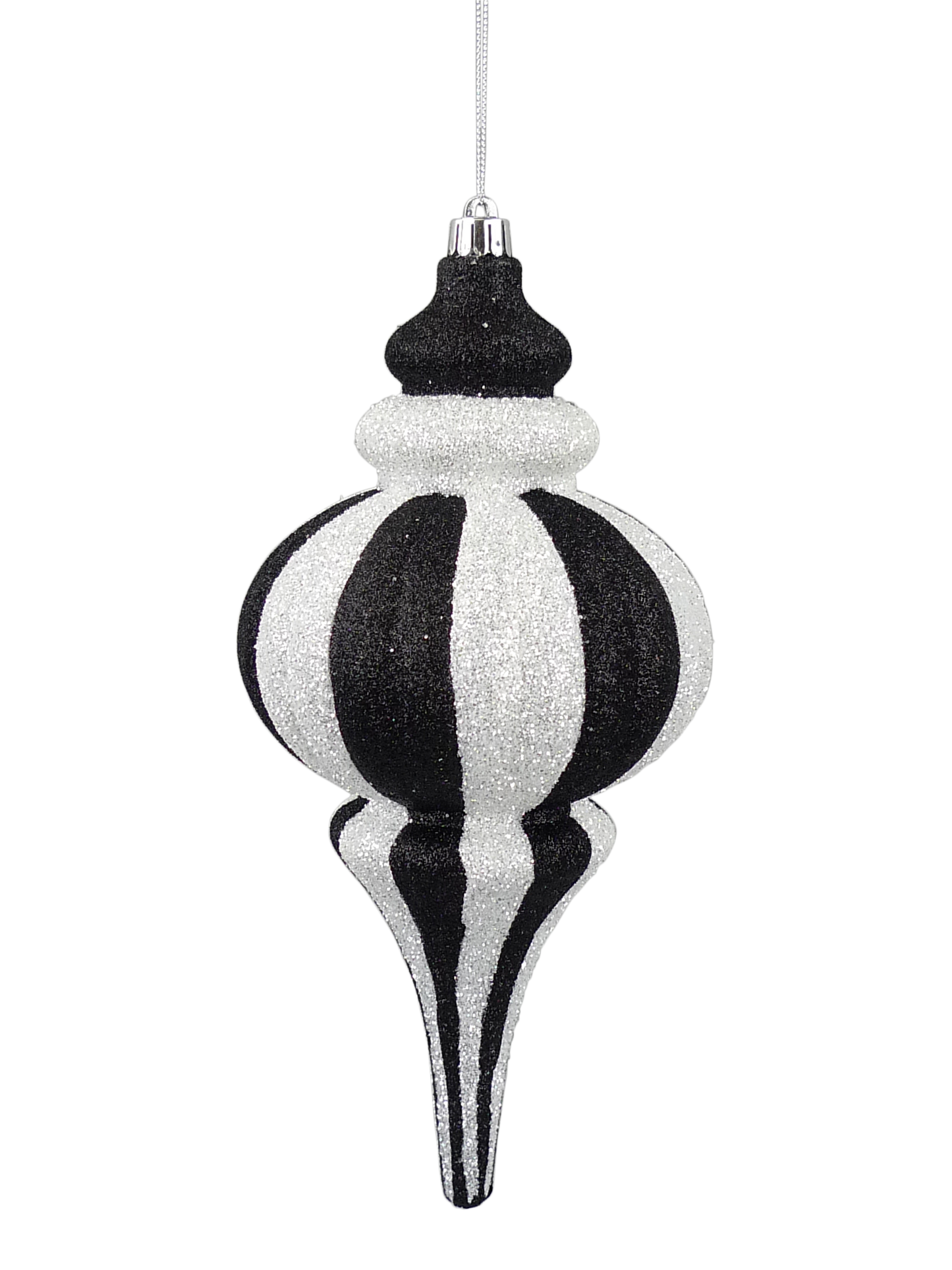 A black and white striped ornament with a pointed top and a long, thin body.