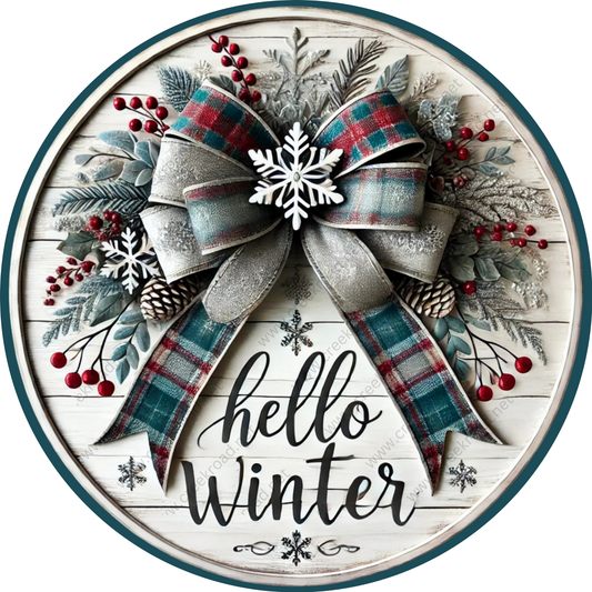 A decorative round sign with a bow and snowflake design, surrounded by pine cones, berries, and greenery, with the text "Hello Winter" written on it.