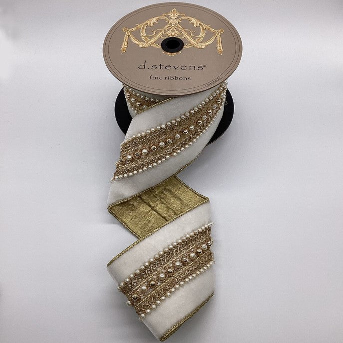 A spool of ribbon with a decorative gold and white pattern, featuring a label that reads "d.stevens fine ribbons".