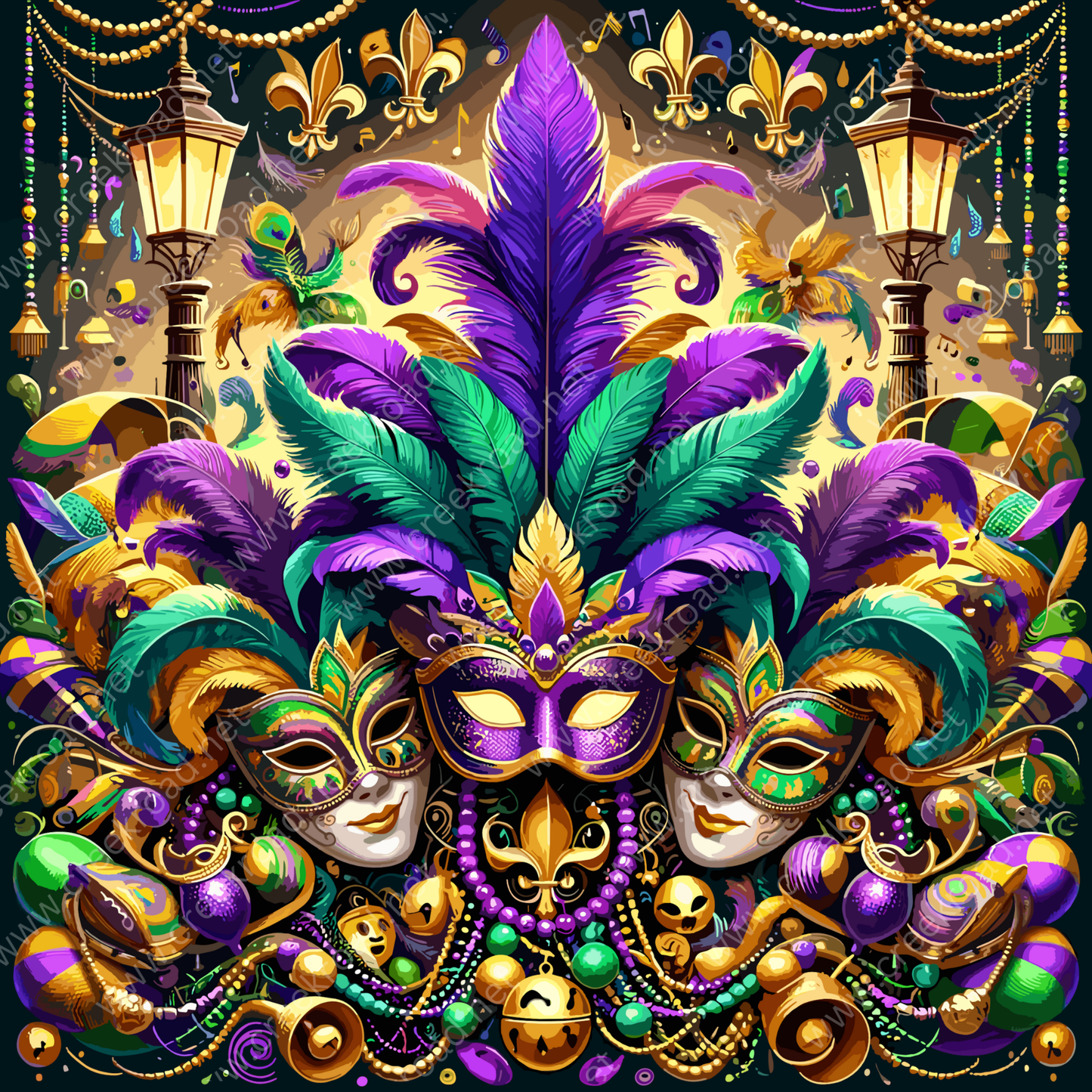 The image is a vibrant and colorful illustration featuring a festive Mardi Gras theme. It includes a variety of elements such as feathers, beads, masks, and lanterns, all arranged in a visually striking manner. The overall composition is rich and detailed, showcasing the intricate design and craftsmanship of the artwork.