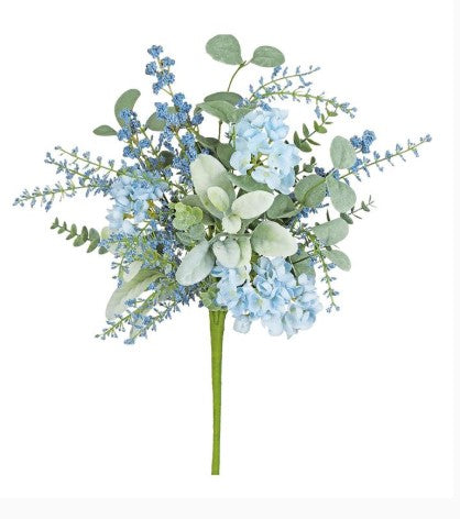A bouquet of blue flowers and green foliage arranged in a visually appealing manner.