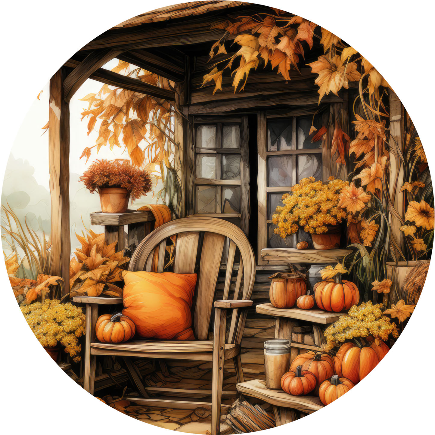 a painting of a porch with a chair and pumpkins