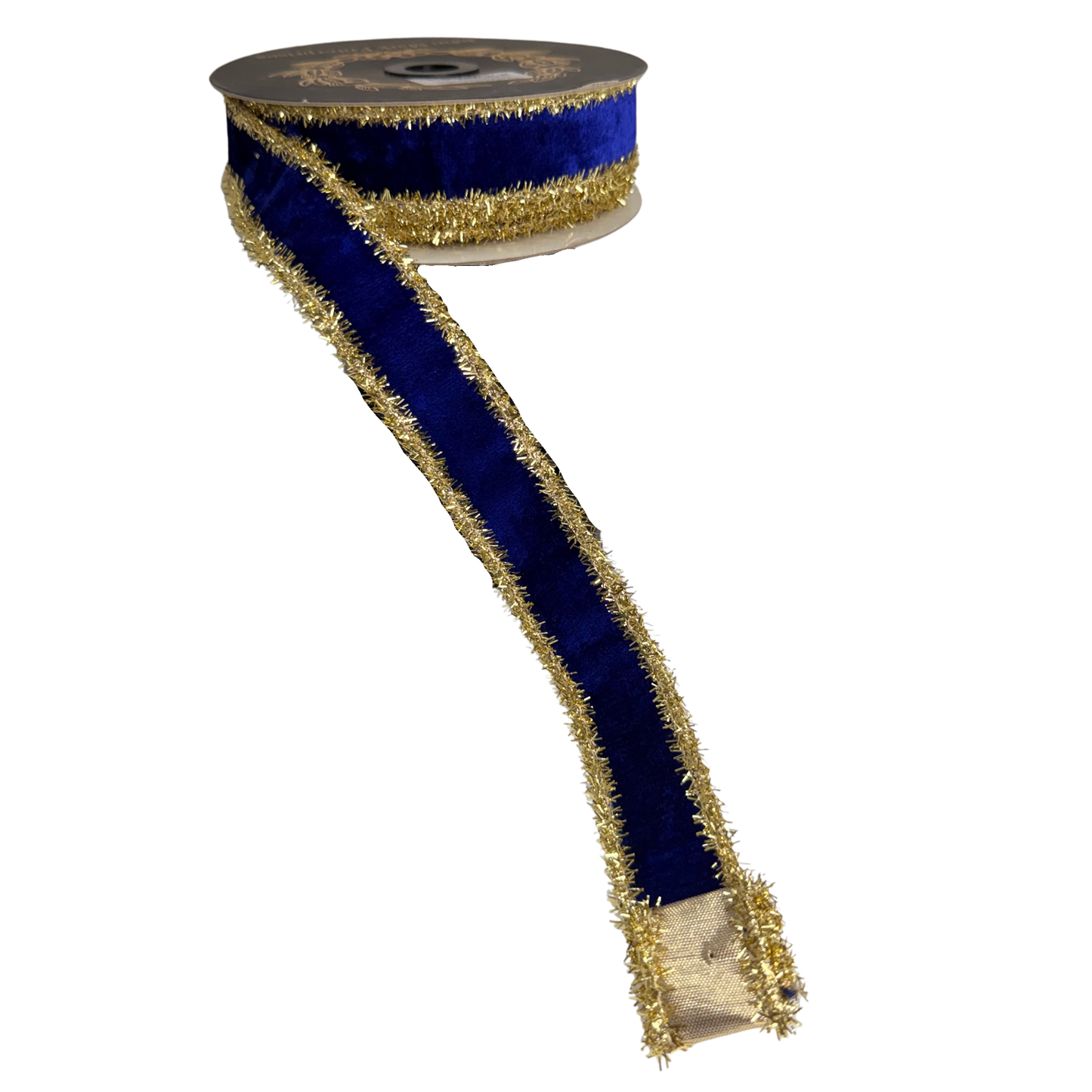 A roll of blue and gold metallic ribbon with a decorative trim.