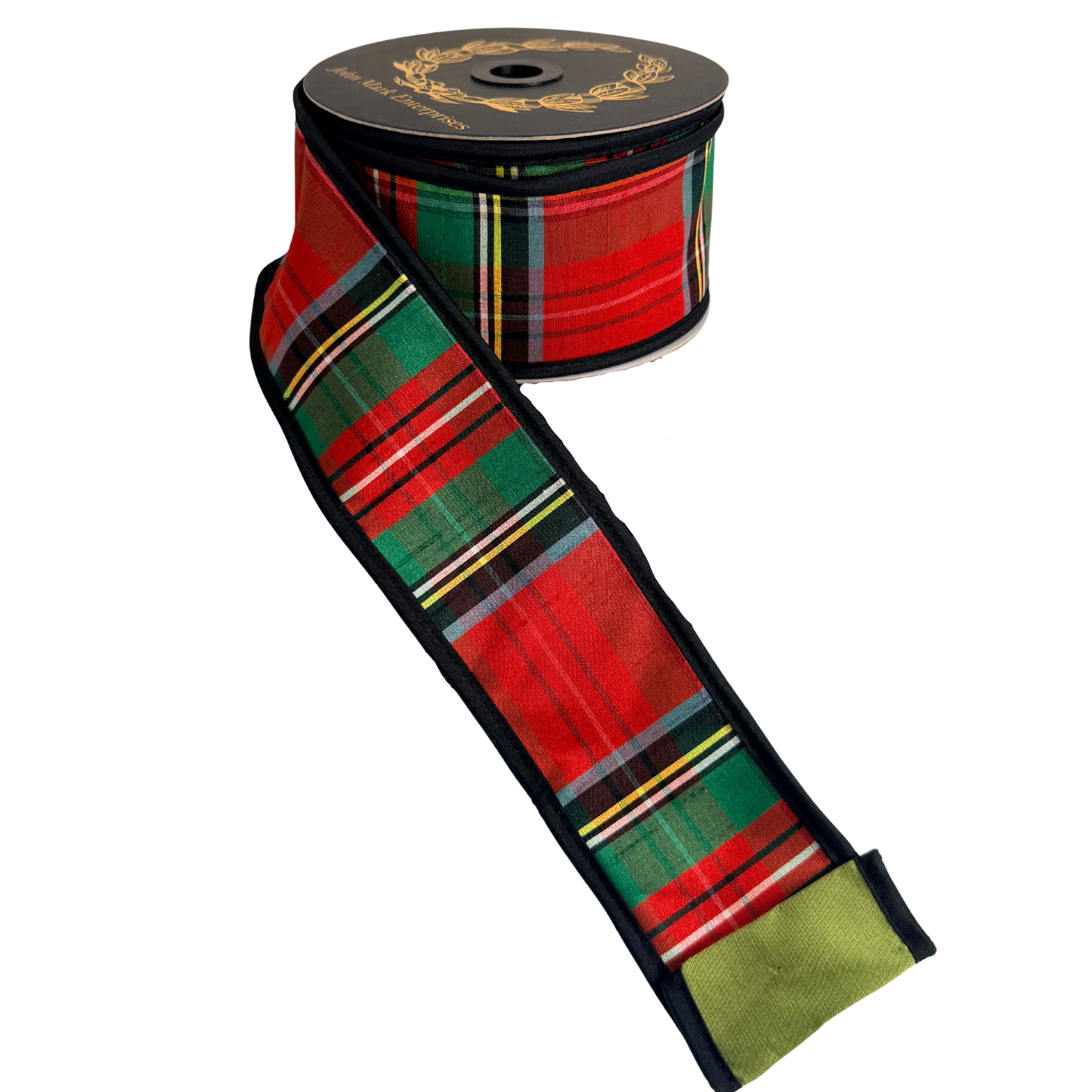A spool of red, green, and black plaid ribbon is shown against a white background.