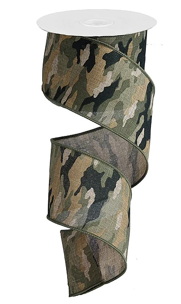 A camouflage-patterned ribbon is shown, with a white circular object at the top.