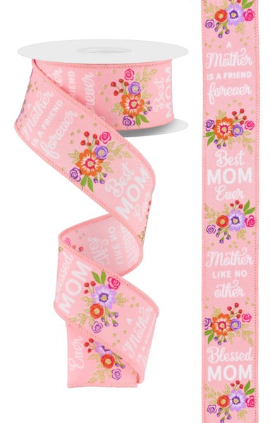 a pink ribbon with flowers and words on it