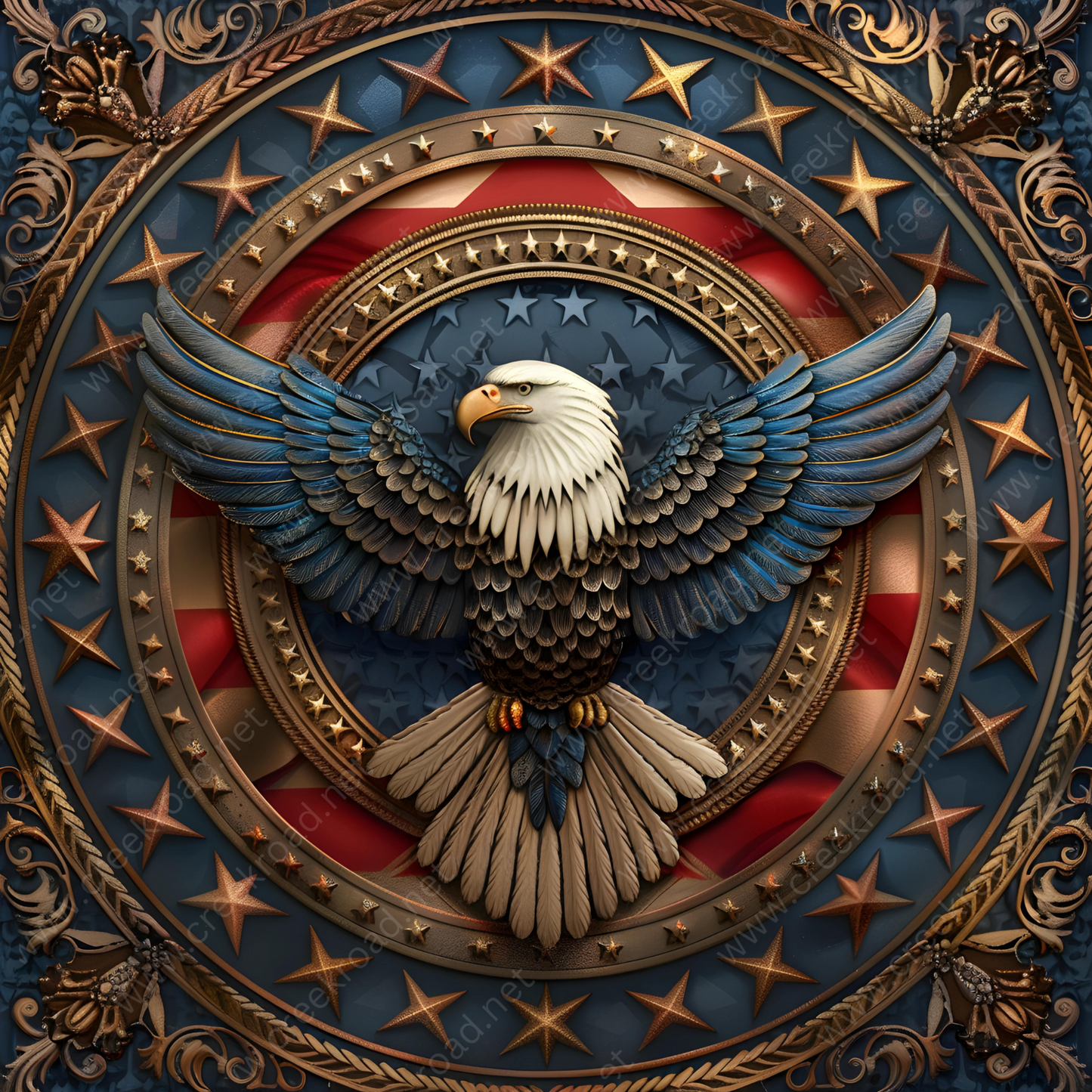 a bald eagle sitting on top of an american flag