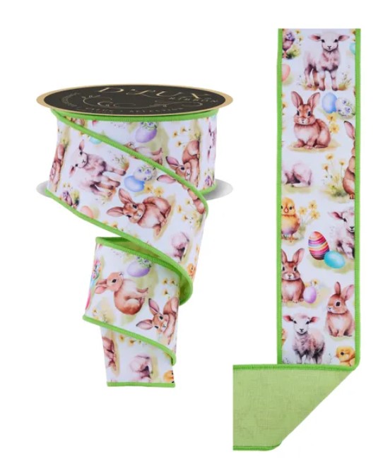 a ribbon with a pattern of various animals, including rabbits, lambs, and chickens, printed on it. The ribbon is green and white in color.