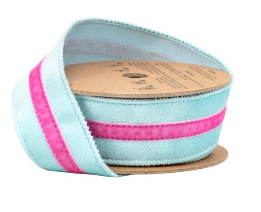 A roll of light blue and pink striped ribbon.