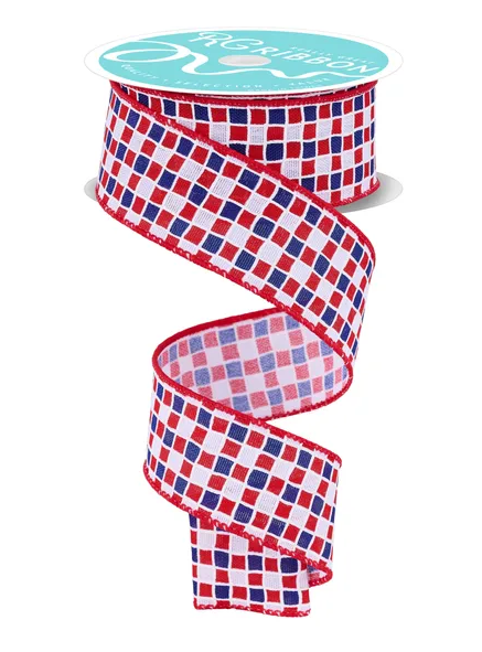 A spiral-shaped ribbon with a checkered pattern in red, white, and blue colors.