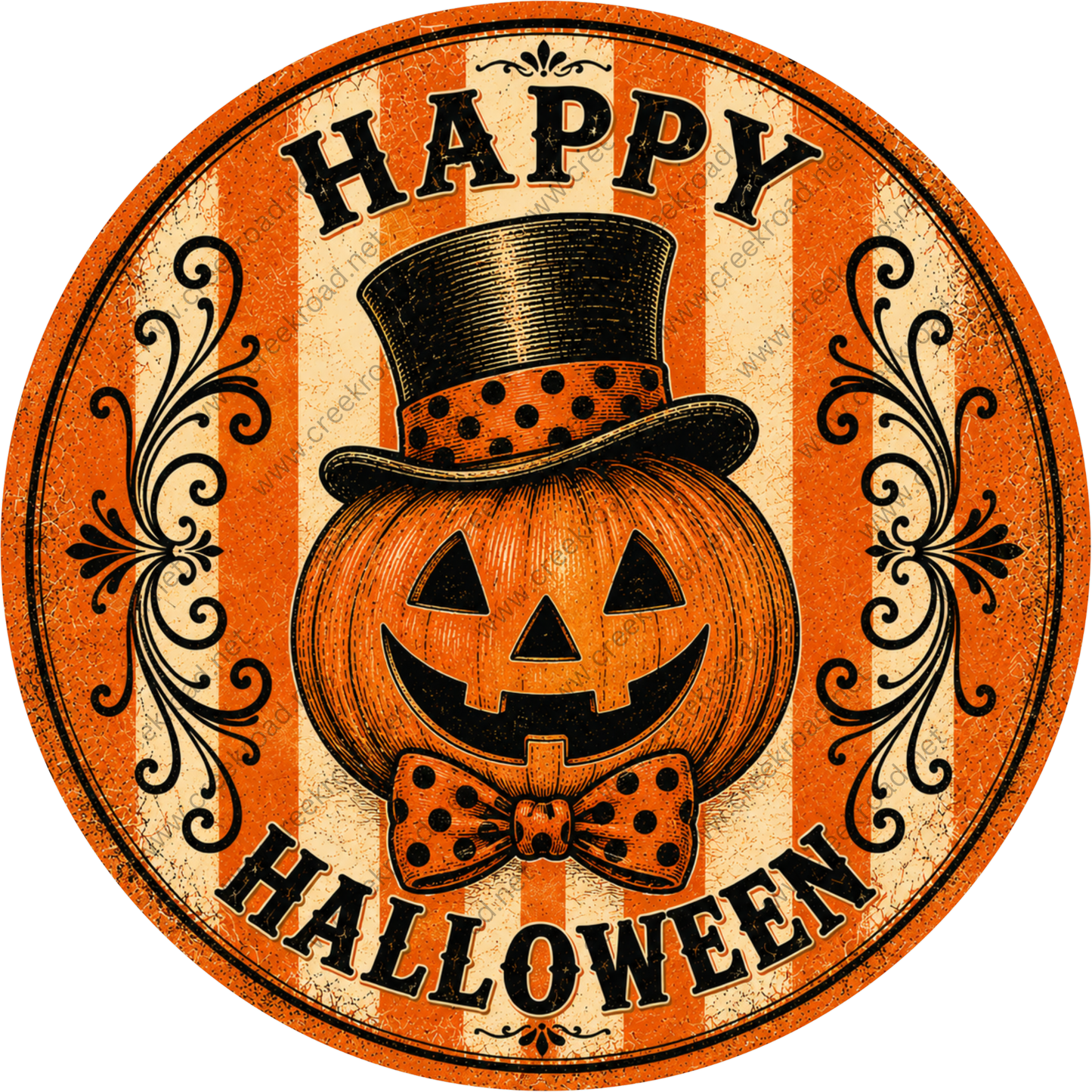 A Halloween-themed circular sign with a jack-o-lantern wearing a top hat and bow tie, surrounded by decorative orange and black stripes.