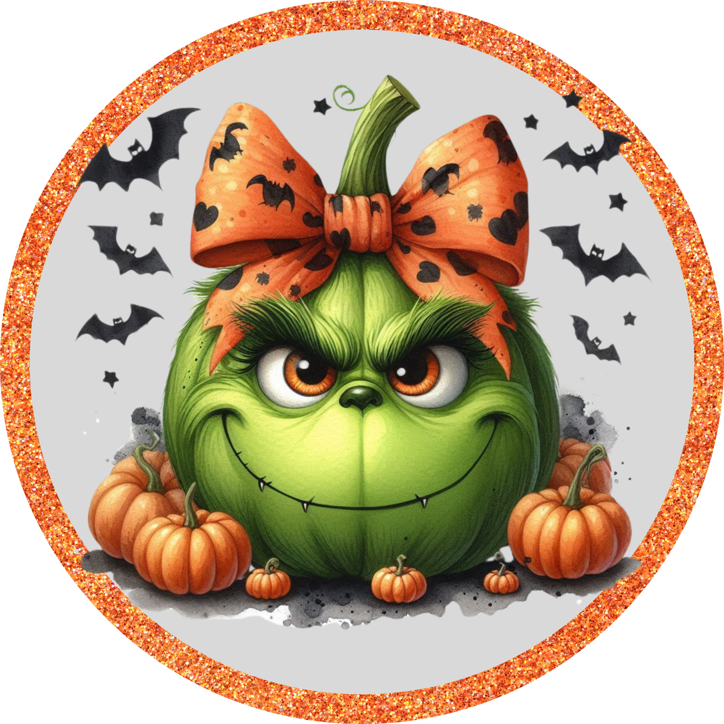 A grumpy-looking green pumpkin with a bow and a pair of orange bats surrounding it, set against a glittery orange border.