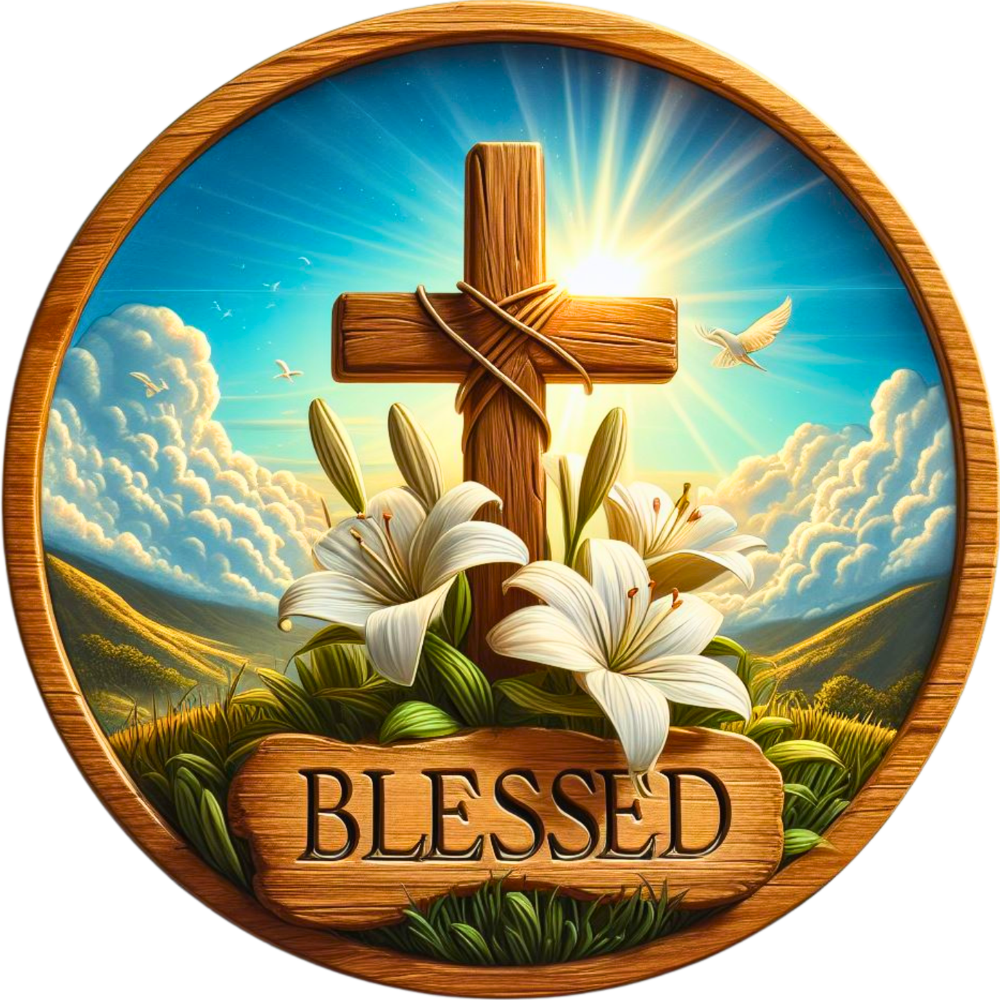 A wooden cross surrounded by white lilies and a serene landscape with a bright sun and clouds in the background.