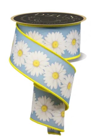 A blue and yellow floral patterned ribbon with white daisies.