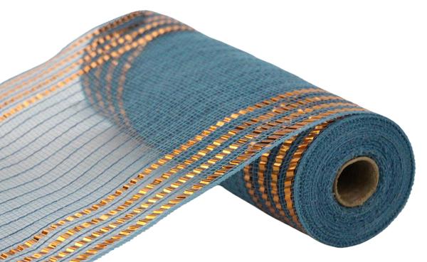 A roll of blue and gold metallic fabric with a striped pattern.