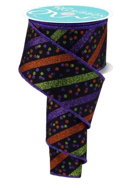 a spiral-shaped, multicolored ribbon with a pattern of purple, green, orange, and black stripes.