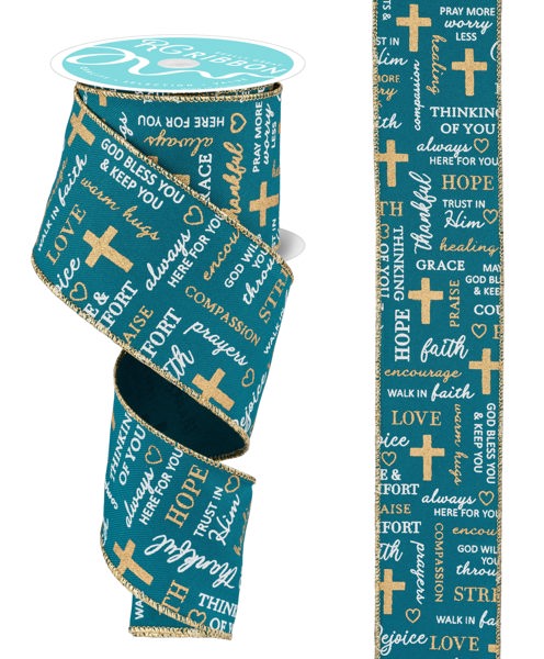 a blue and gold ribbon with a cross on it