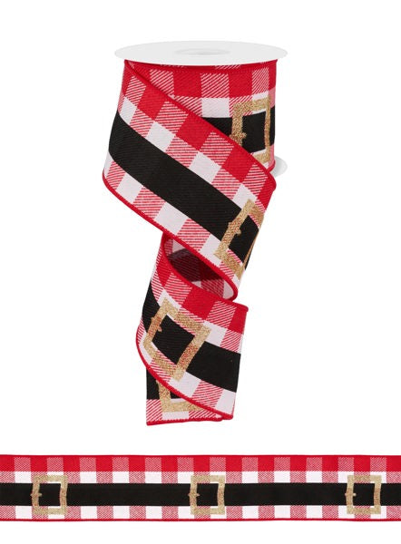 a red and black checkered ribbon with gold buckles