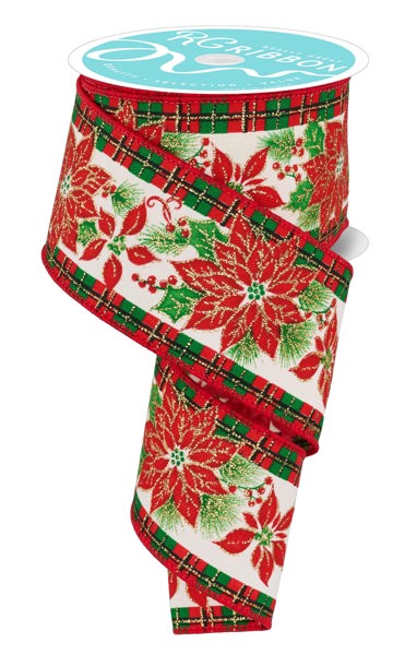 a red and green christmas ribbon with poinsettis on it