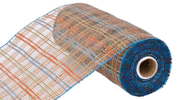 a roll of blue and orange yarn on a white background