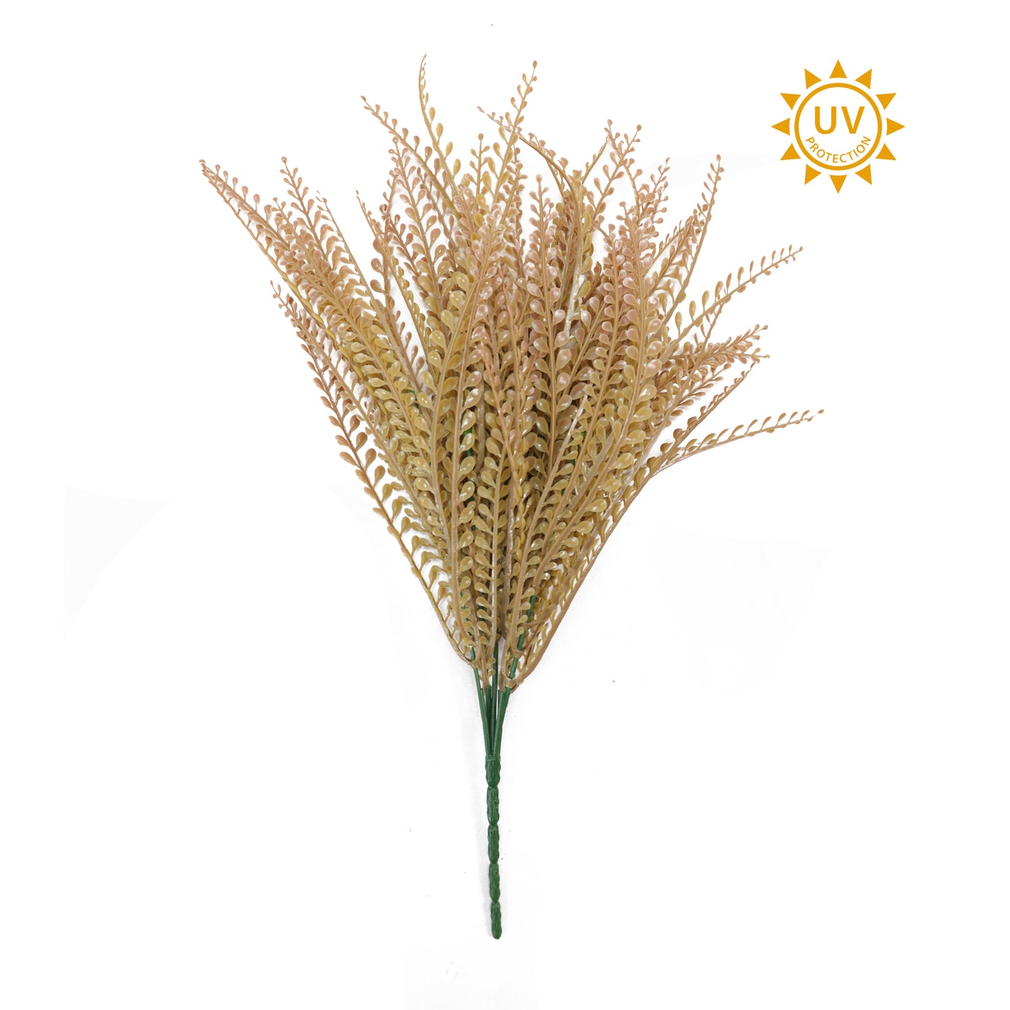 a bunch of brown, leafy plant-like objects with a sun-like logo in the top right corner.