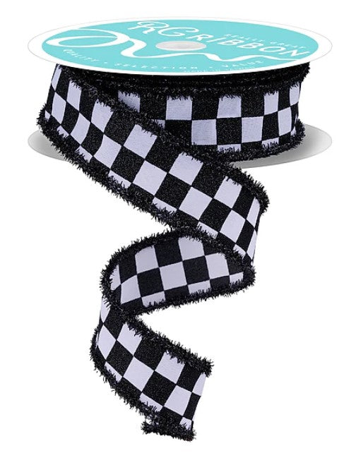 A black and white checkered ribbon with a fringed edge, displayed against a white background.