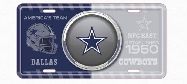 A Dallas Cowboys-themed license plate with the team's logo and the text "America's Team" and "NFC East Established 1960" printed on it.