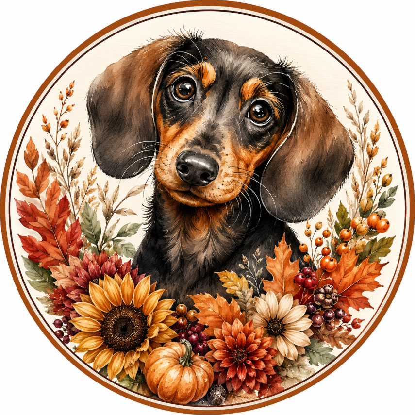 A dachshund dog is surrounded by a vibrant autumnal arrangement of flowers, including sunflowers, dahlias, and pumpkins, creating a festive and colorful scene.