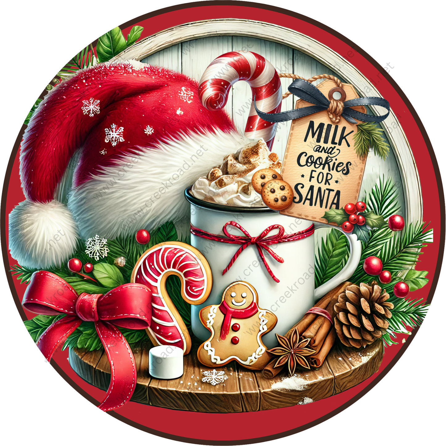 A festive Christmas scene with a mug of hot chocolate, a Santa hat, cookies, a gingerbread man, and other holiday decorations arranged on a wooden surface.