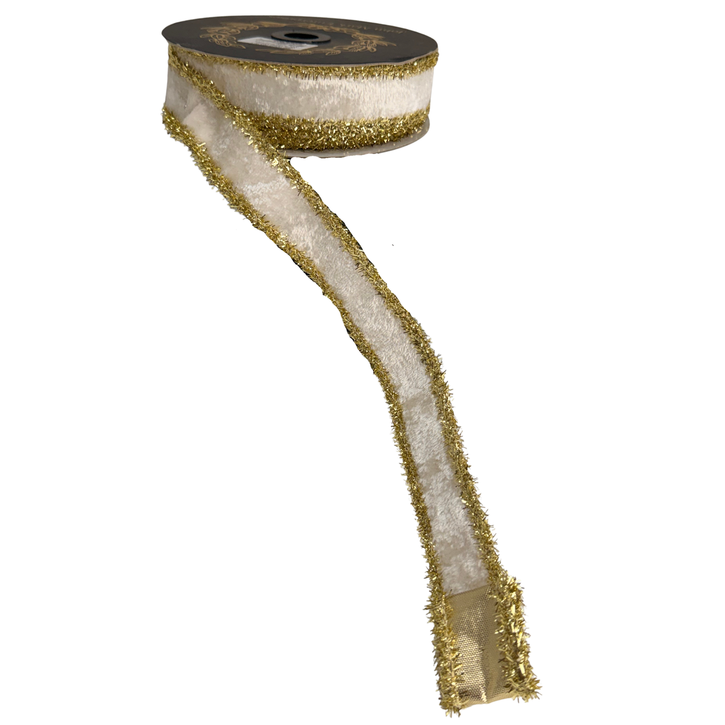A roll of white and gold glittery ribbon.