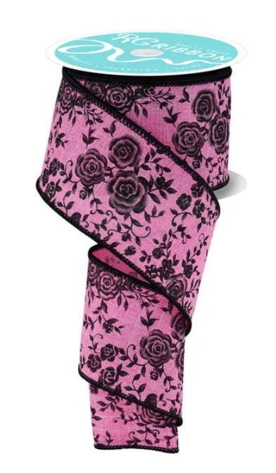 A pink floral patterned ribbon is displayed against a white background.
