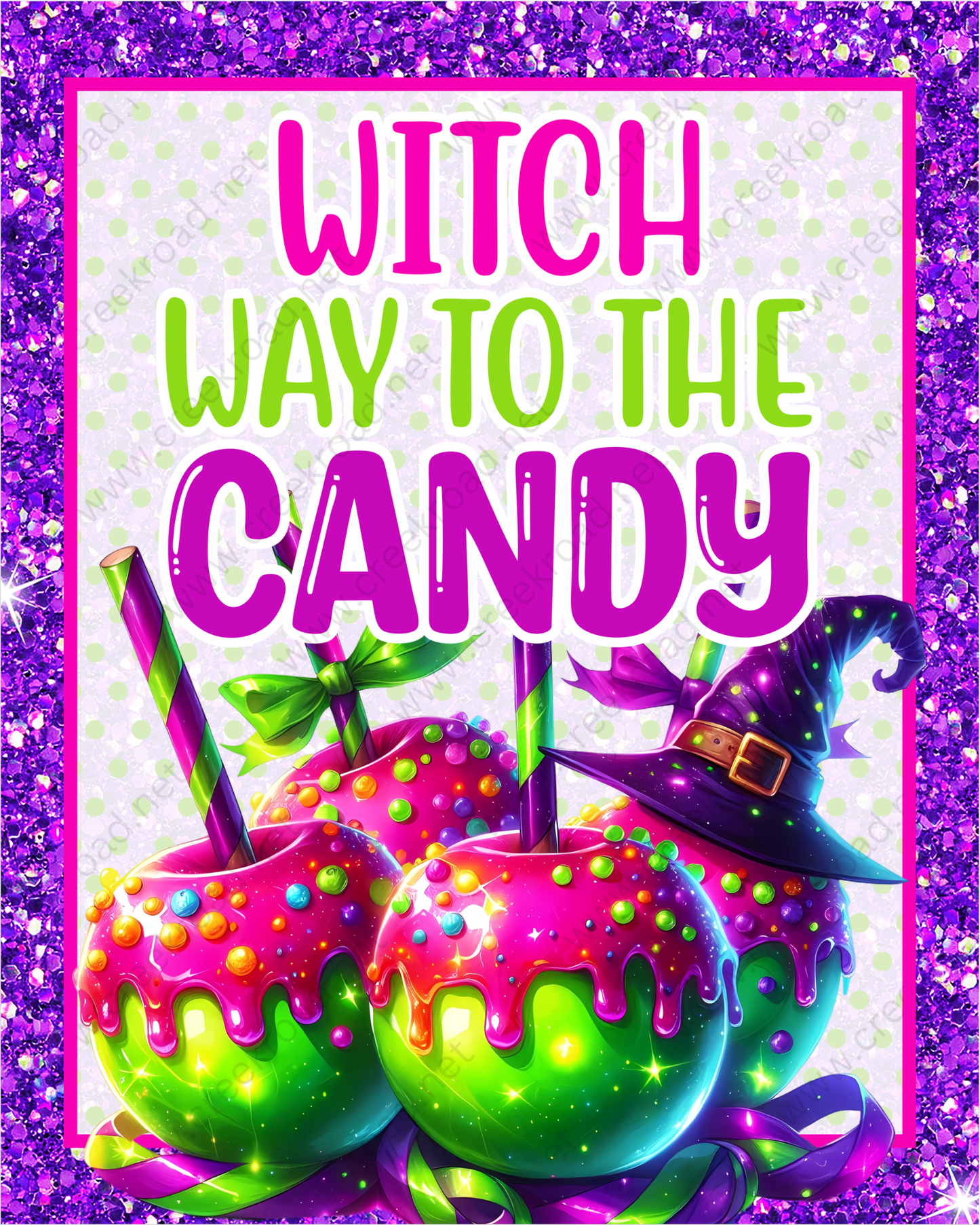 colorful candy apples with a witch's hat on top, surrounded by a glittery purple border.
