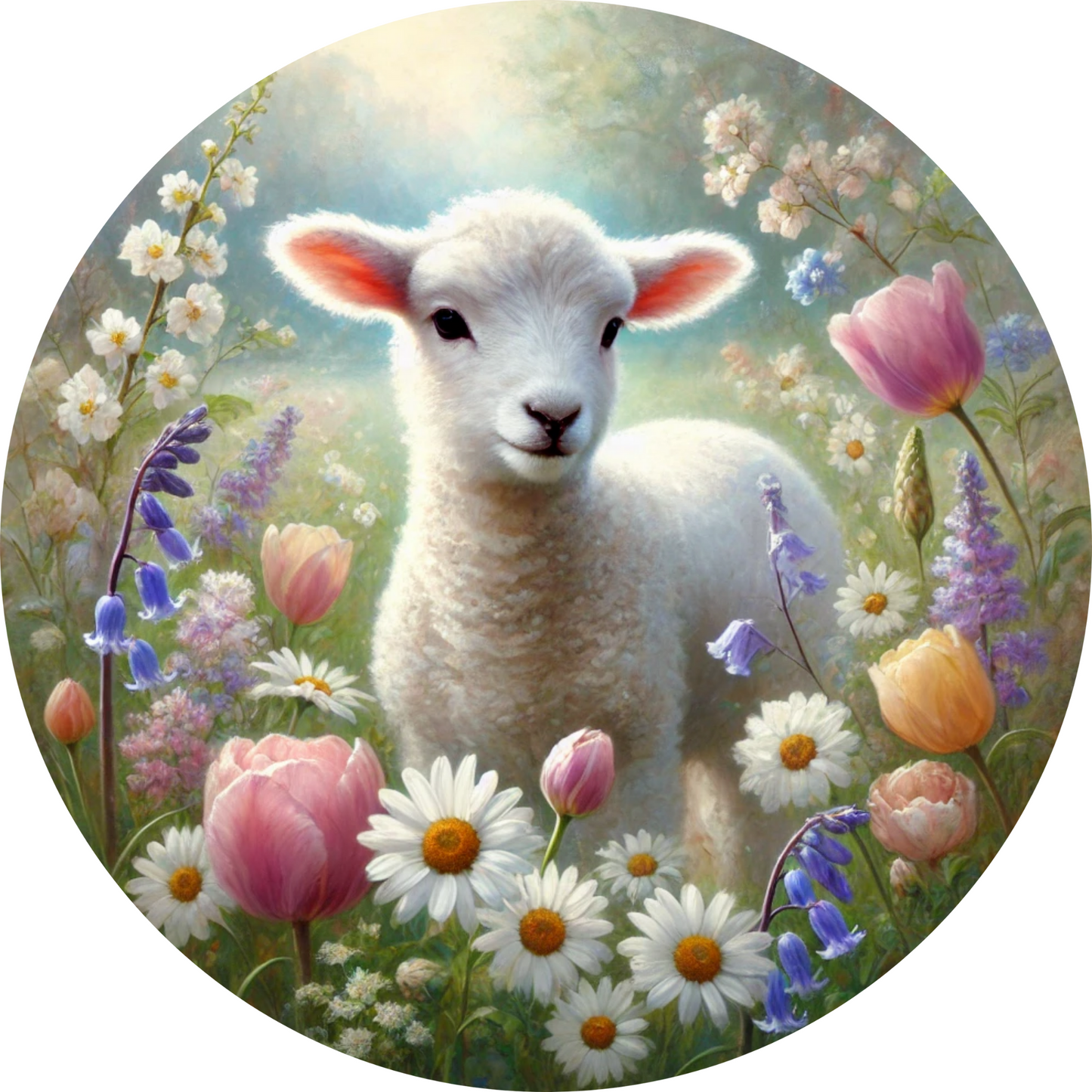 a painting of a lamb in a field of flowers