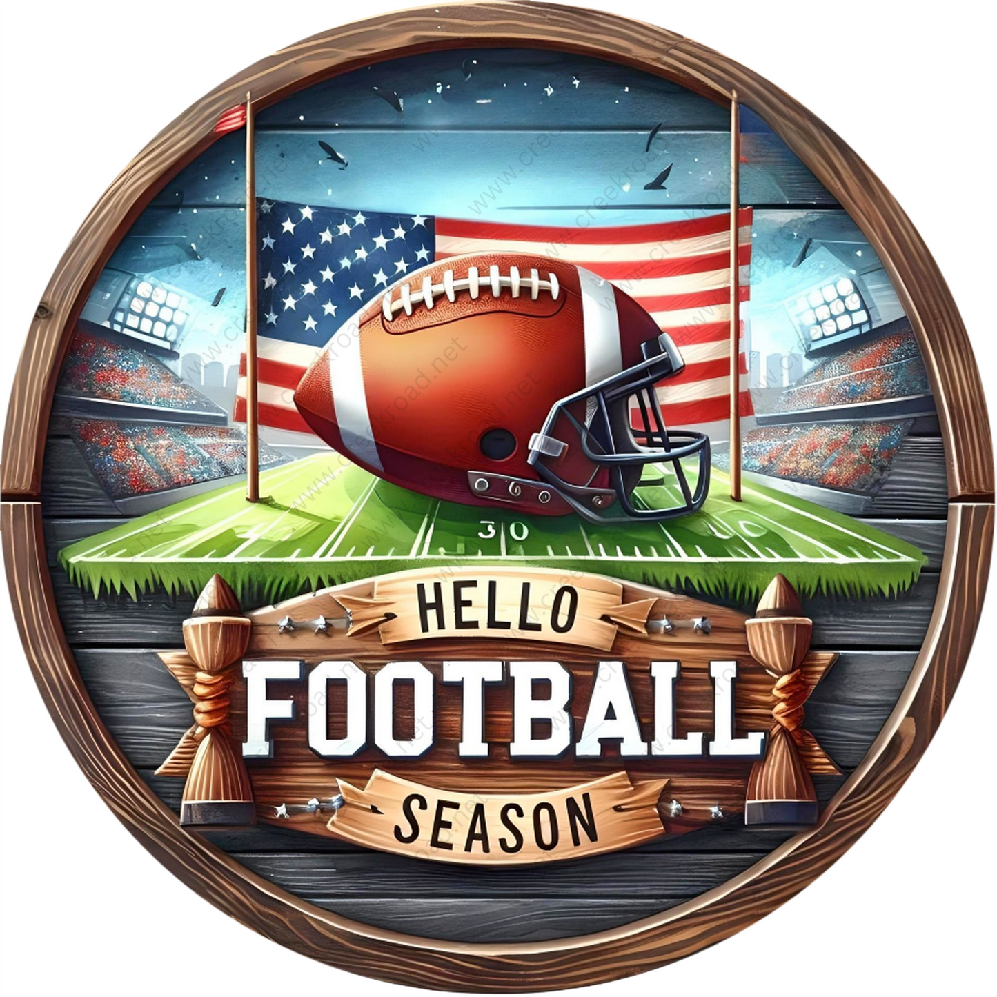 A football helmet rests on a football field, with an American flag in the background and a wooden sign that says "Hello Football Season" in the foreground.