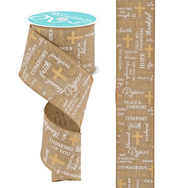 a roll of brown and white ribbon with words on it