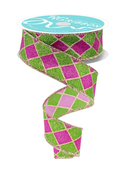 a green and pink ribbon with a diamond pattern on it
