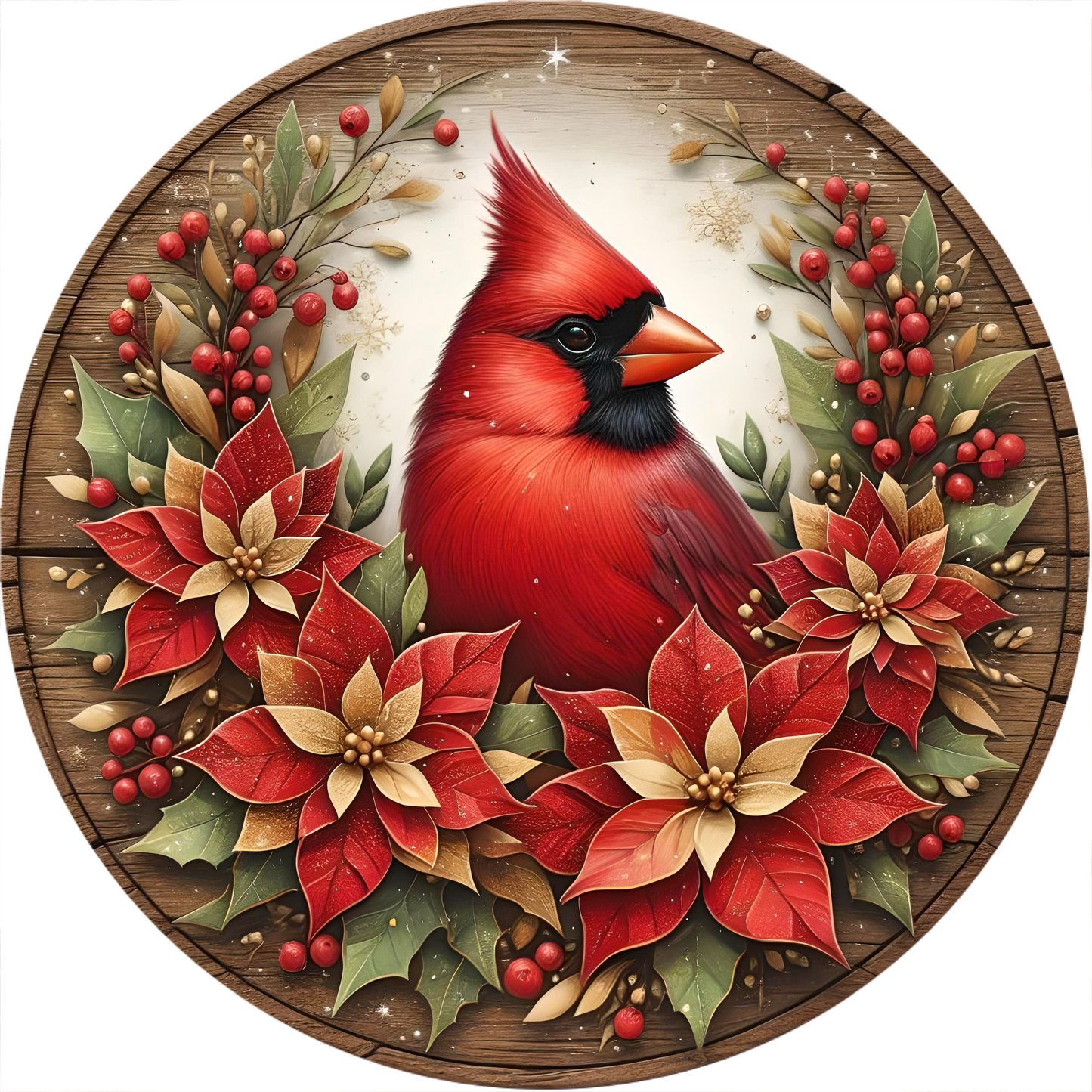 a picture of a cardinal surrounded by poinsettis