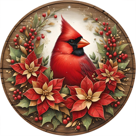 a picture of a cardinal surrounded by poinsettis