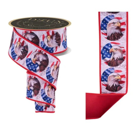 a red ribbon with a repeating pattern of American eagle designs, including the eagle's head and wings, along with the American flag motif.